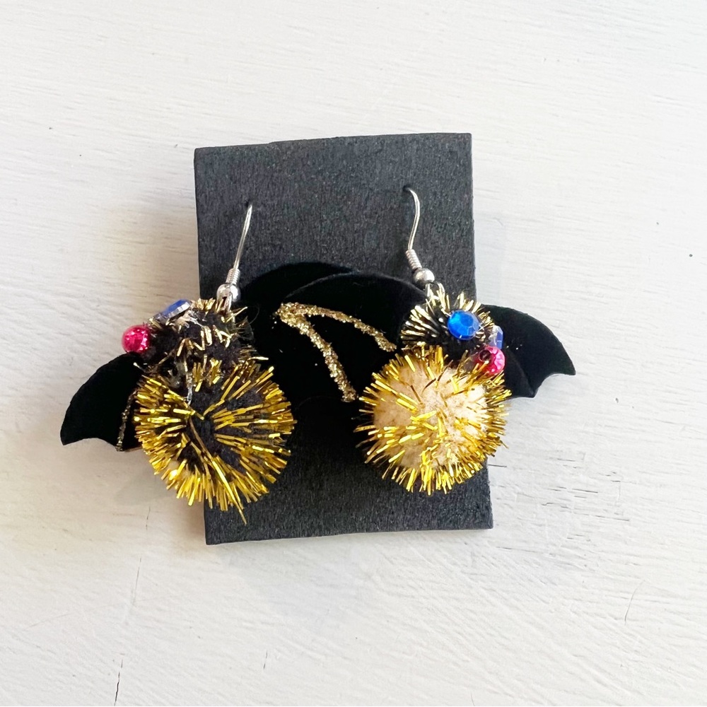 Vintage Homemade Bat Pom‎ Pom Earrings